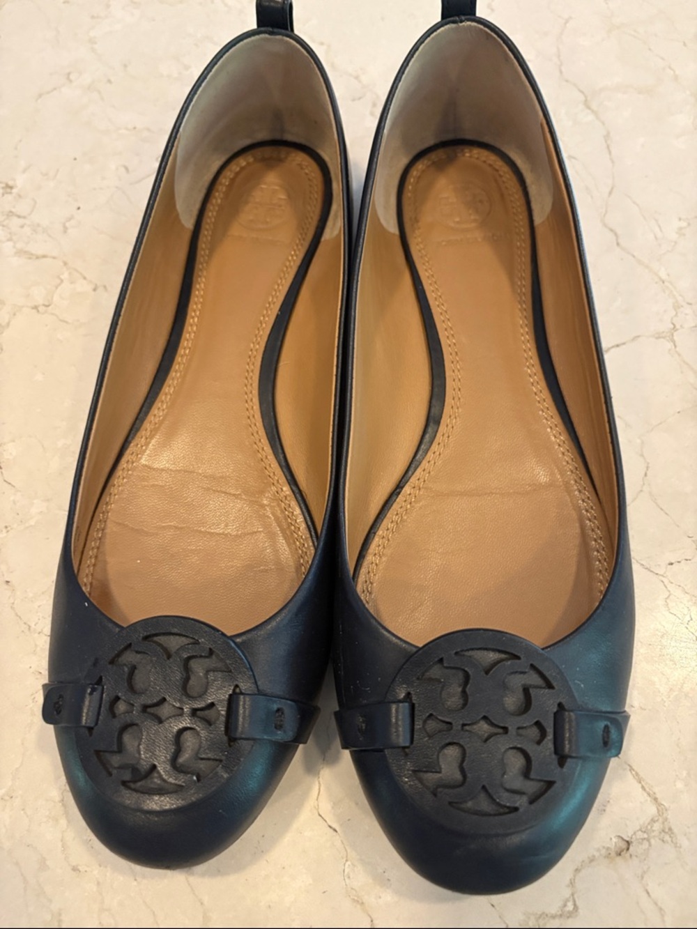 Tory Burch Navy Leather Logo Ballet Flats